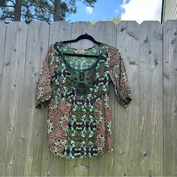 One World‎ Women’s Petite Small Fairy Boho Printed 3/4 Sleeve Peasant Blouse - Picture 2 of 9